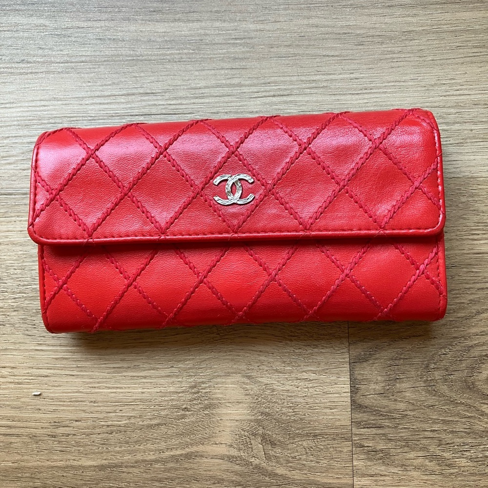 Chanel Red Quilted Leather Long  Wallet Silver Hardware